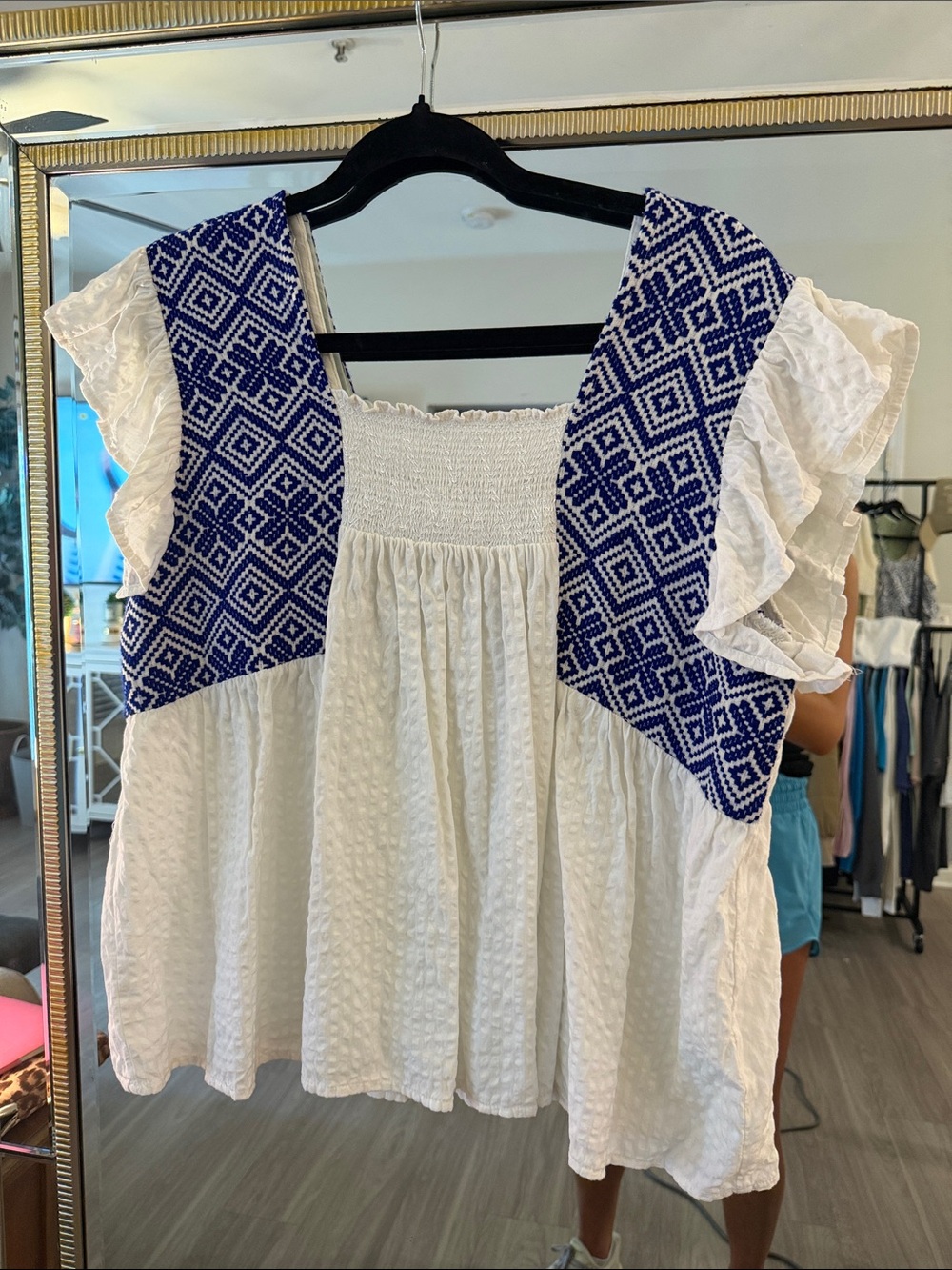 THML White Peasant Blouse with Blue Geometric Embroidery